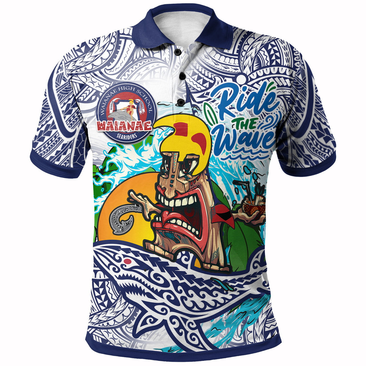 Hawaii Personalised Polo Shirt - Waianae High School Tribal Tiki Shark Riders Polynesian Polo Shirt