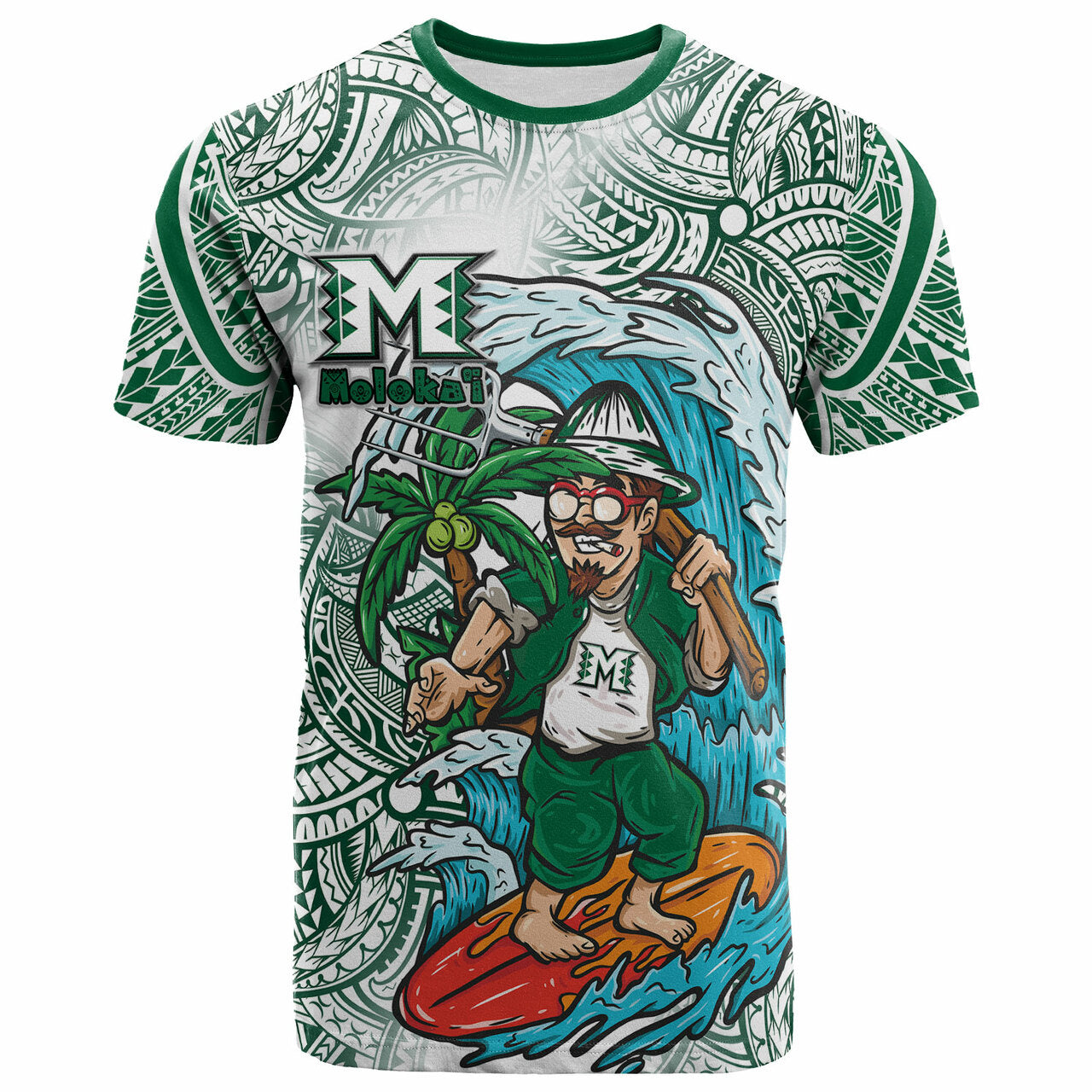 Hawaii T Shirt Moloka'i High School Surfing Farmer With Polynesian Tribal Patterns