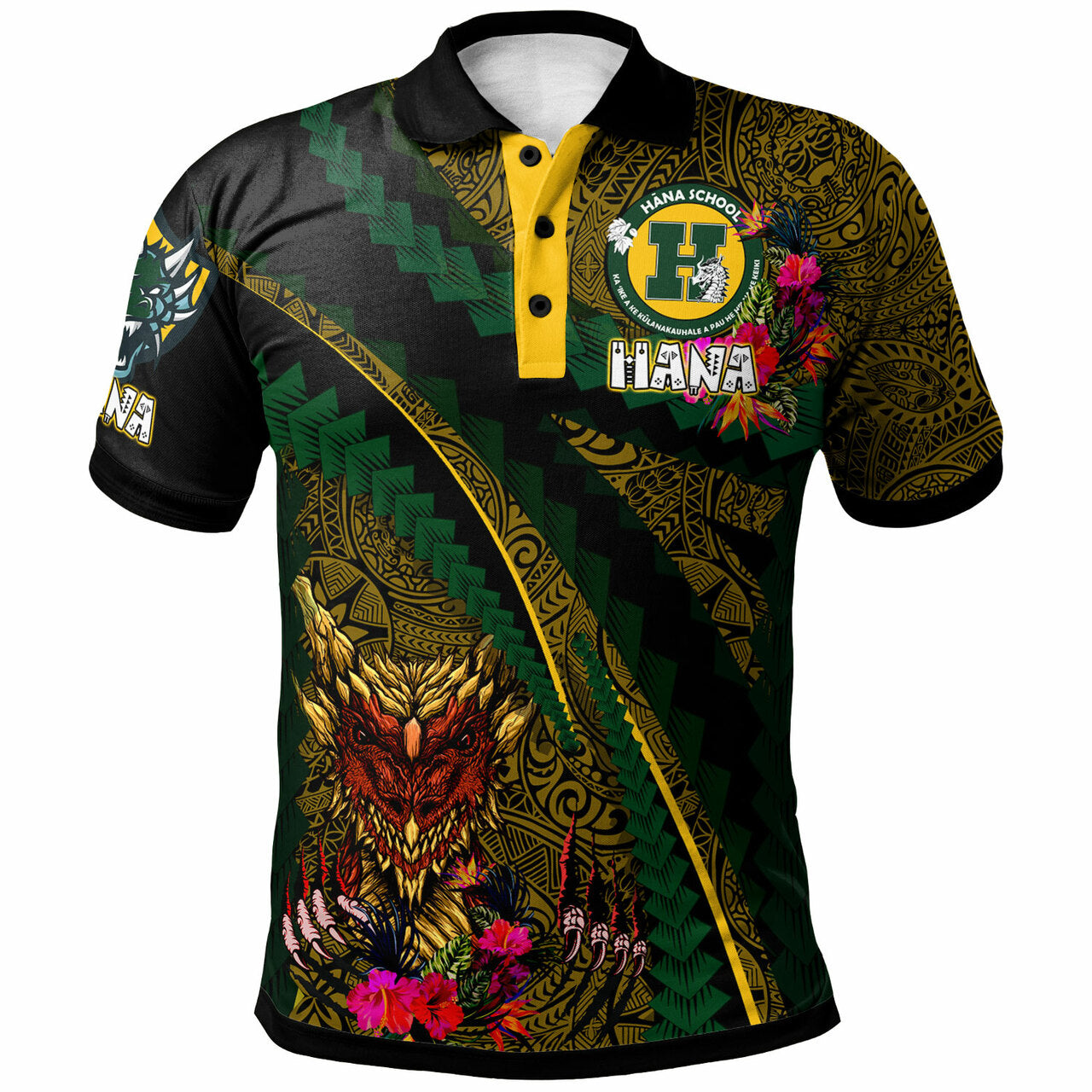 Hawaii Hana High and Elementary School Polo Shirt - Hana Dragons With Tropical Flowers Tribal Pattern Scratch Style