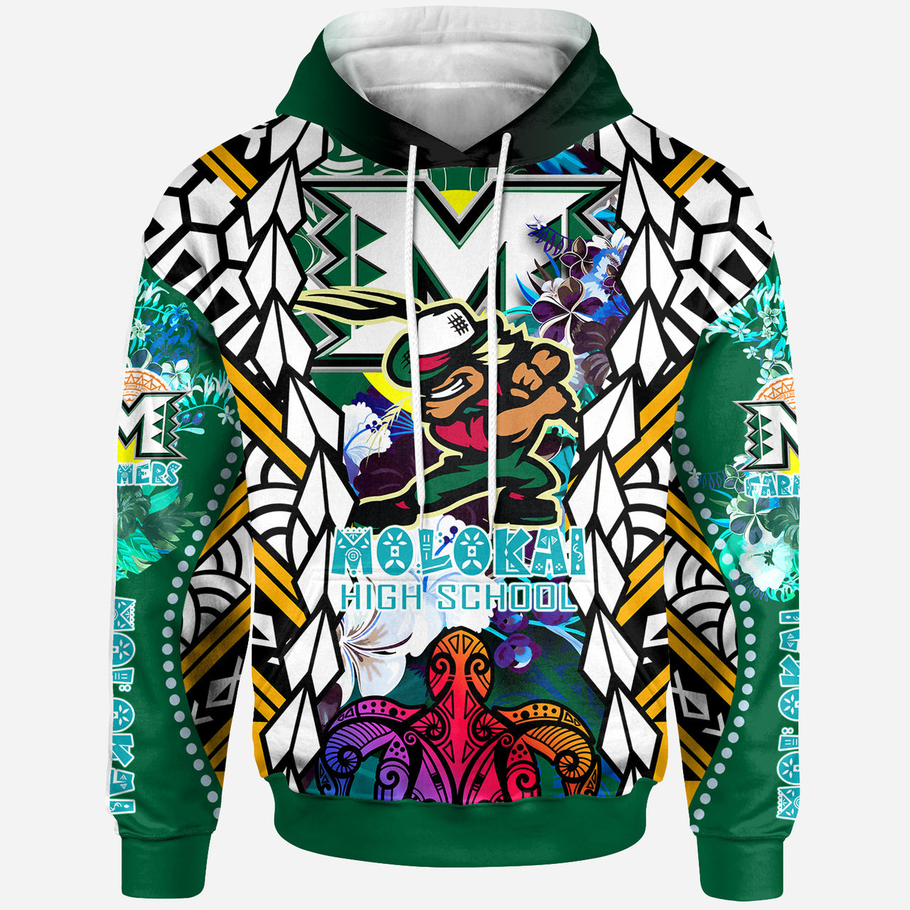Custom Text Hawaii Hoodie Personalised Moloka'i High School SuPER Farmer With Polynesian Sea Turtle And Hibiscus Pattern Zip Hoodie