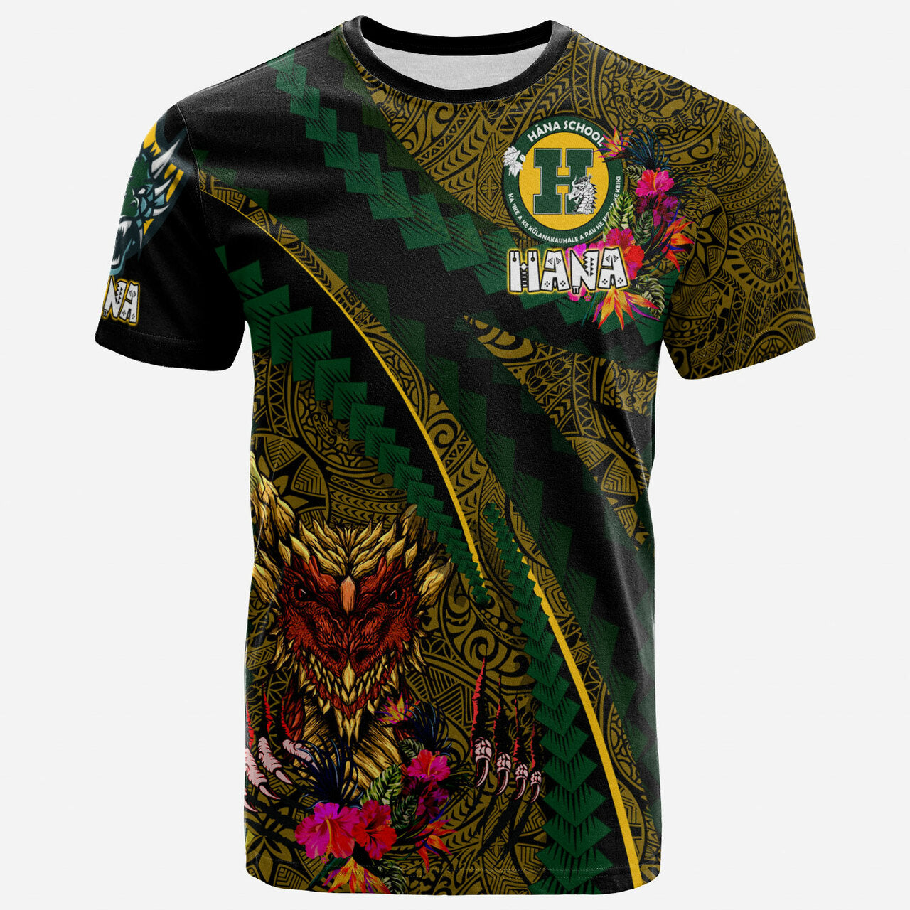 Hawaii Hana High and Elementary School Polynesian T-shirt Hana Dragons With Tropical Flowers Tribal Pattern Scratch Style
