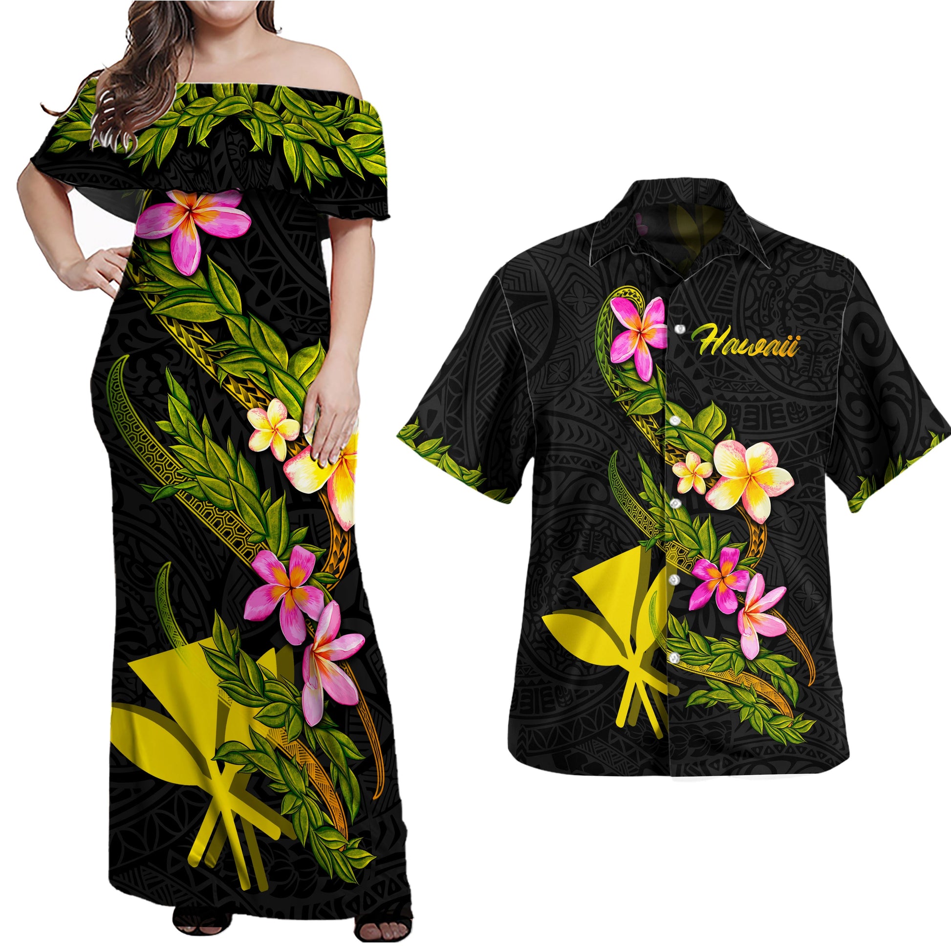 Polynesian Couple Outfits Hawaii Polynesian Combo Dress And Hawaiian Shirt Plumeria Tribal