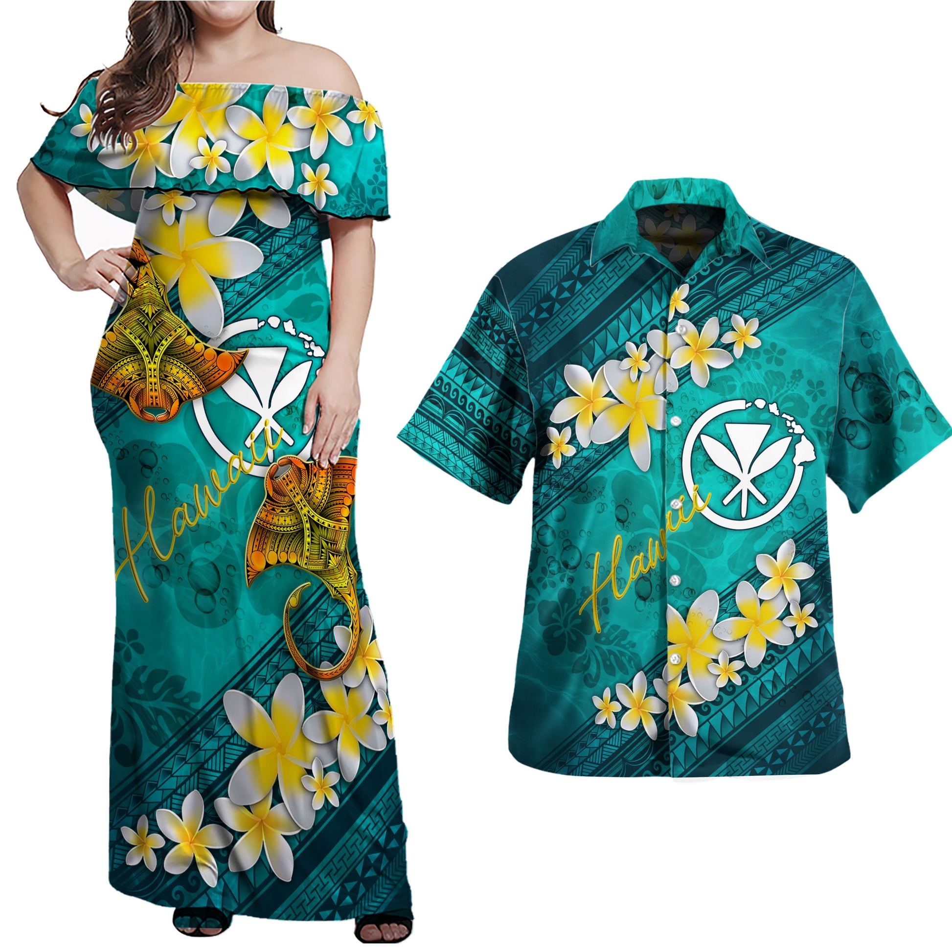 Hawaiian Matching Outfits For Couples Hawaii Polynesian Combo Dress And Hawaiian Shirt Plumeria With Blue Ocean