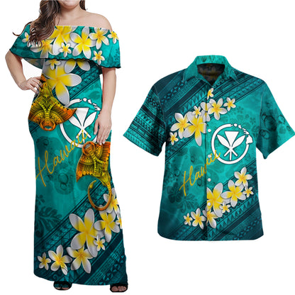 Hawaiian Matching Outfits For Couples Hawaii Polynesian Combo Dress And Hawaiian Shirt Plumeria With Blue Ocean