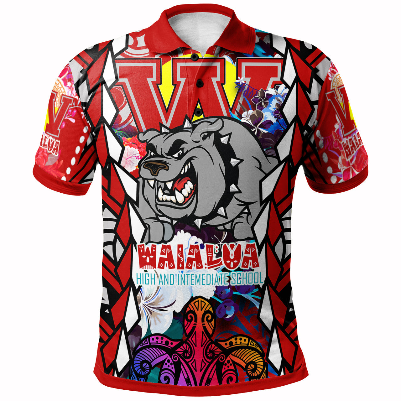 Hawaii Polo Shirt - Waialua High & Intermediate School SuPer Bulldogs With Sea Turtle Tribal Patterns