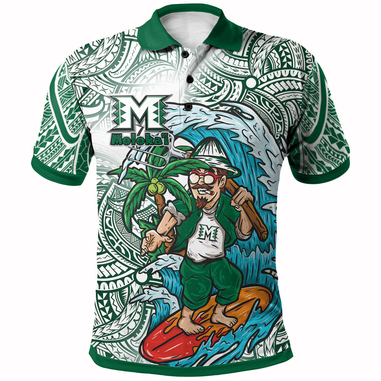Hawaii Polo Shirt - Moloka'i High School Surfing Farmer With Polynesian Tribal Patterns