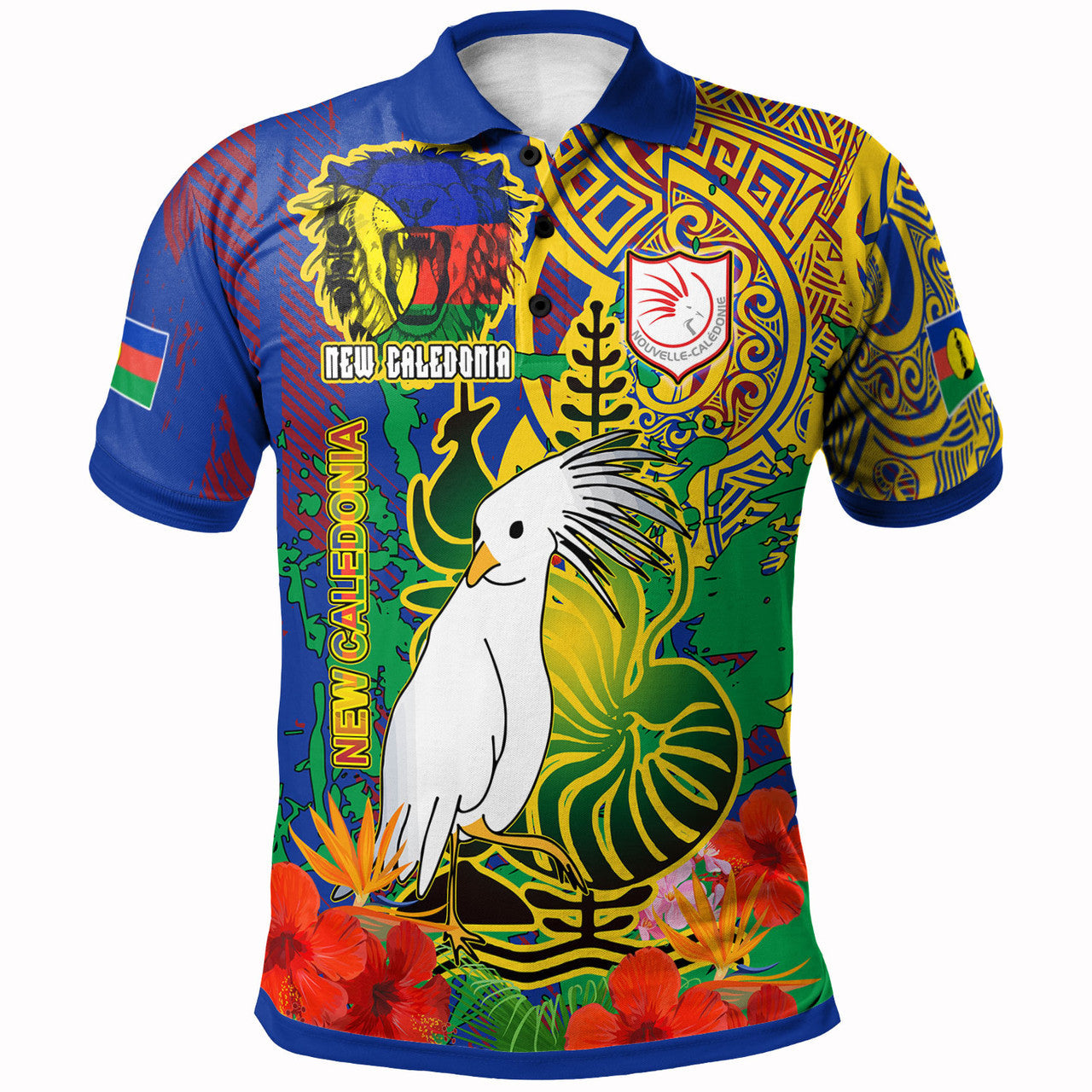 New Caledonia Pride Polo Shirt - New Caledonia National Emblem With Cagou And Hibiscus Polynesian Polo Shirt