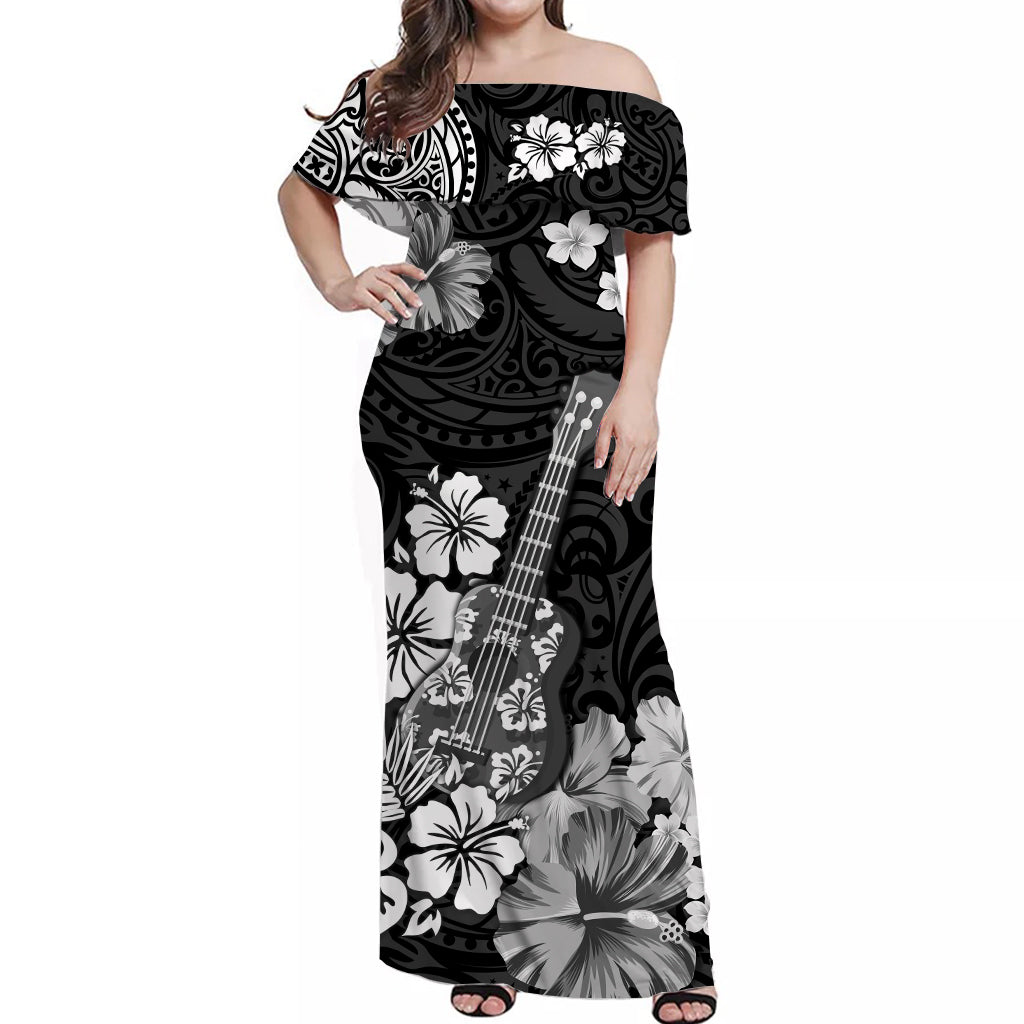 Hawaii Off Shoulder Long Dress Polynesia Black Ukulele Flowers
