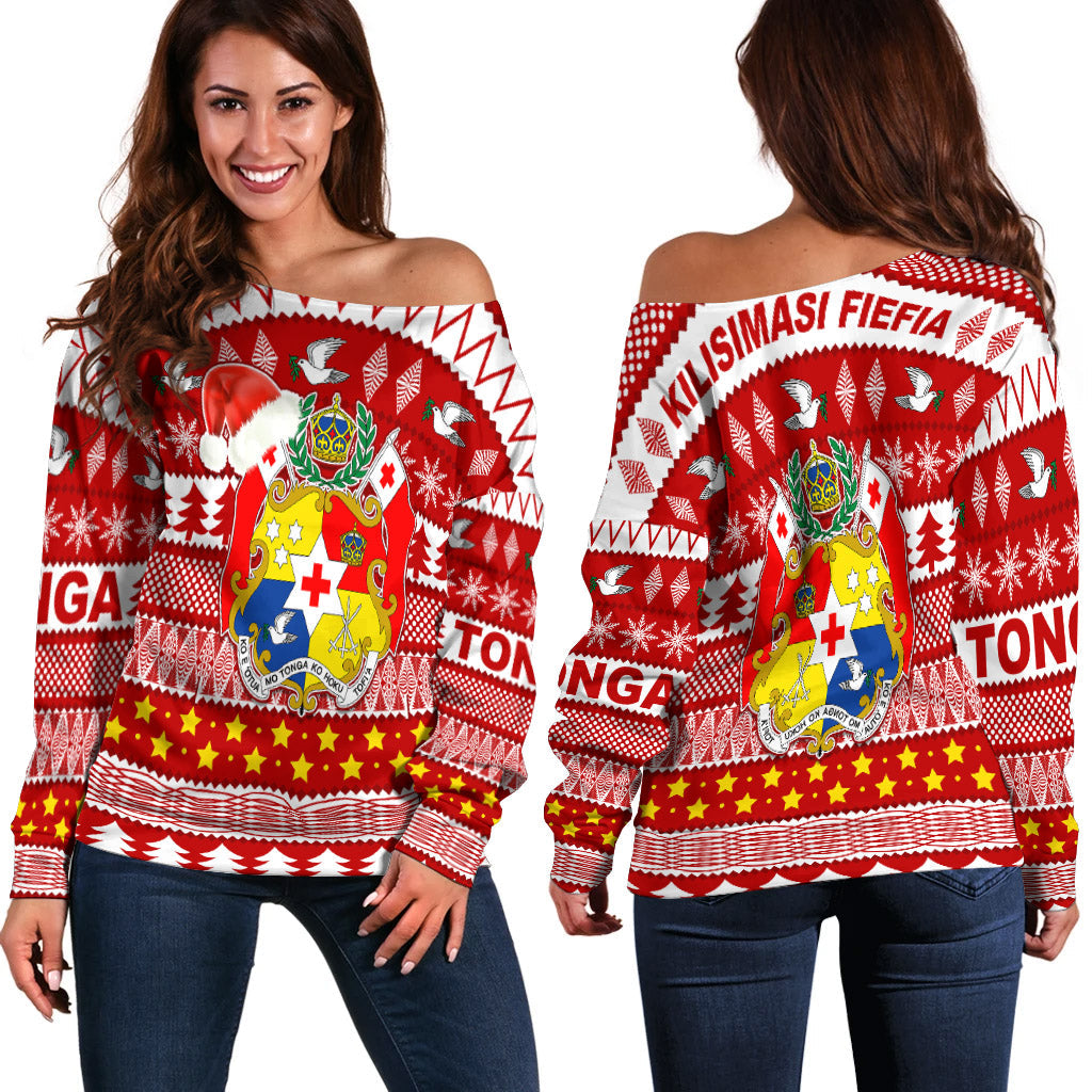 Tonga Kilisimasi Fiefia Off Shoulder Sweater Merry Christmas with Tongan Pattern