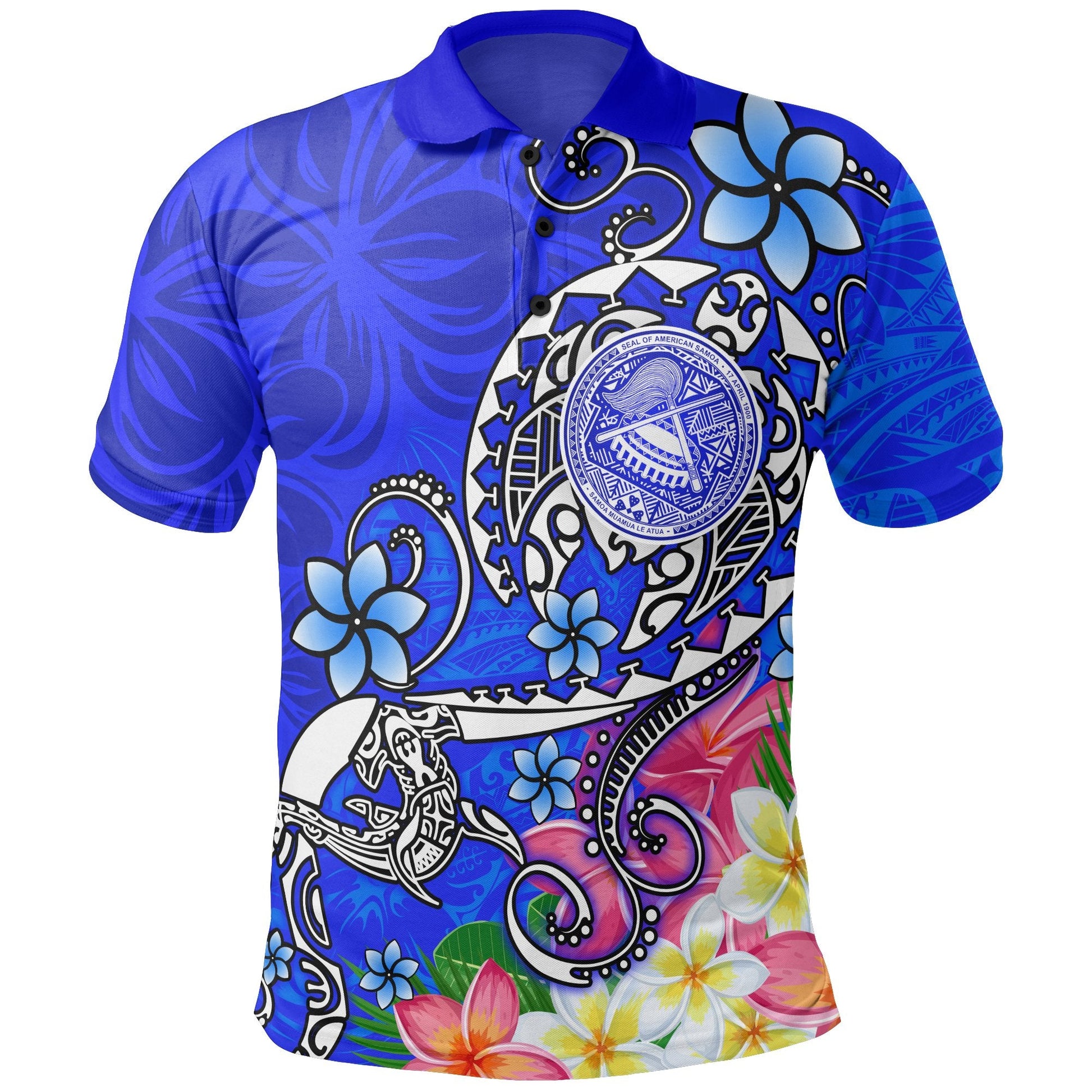 American Samoa Polynesian Polo Shirt - Turtle Plumeria Blue