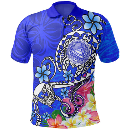 American Samoa Polynesian Polo Shirt - Turtle Plumeria Blue