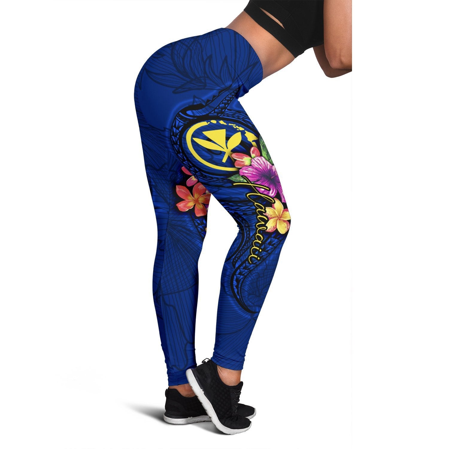 Hawaii Polynesian Women's Leggings - Floral With Seal Blue
