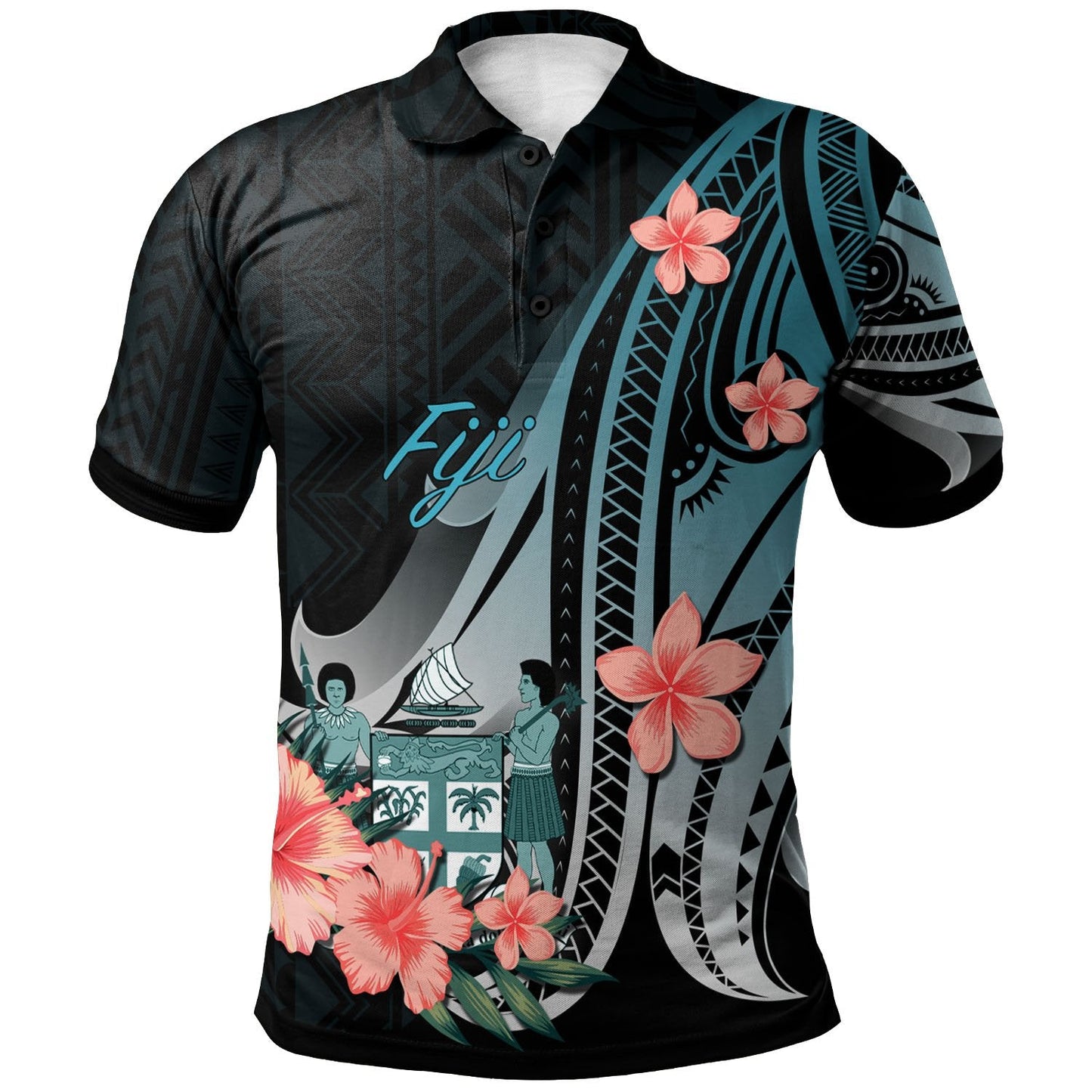 Fiji Polo Shirt - Turquoise Polynesian Hibiscus Pattern Style