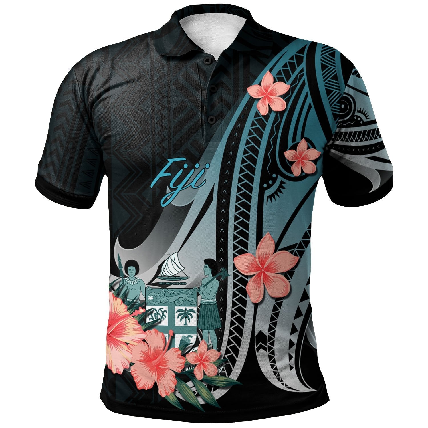 Fiji Polo Shirt - Turquoise Polynesian Hibiscus Pattern Style