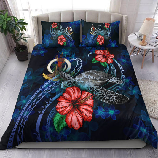 Vanuatu Polynesian Bedding Set Blue Turtle Hibiscus