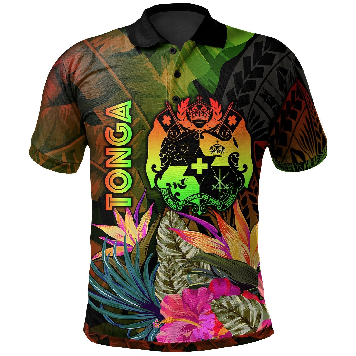 Tonga Polynesian Polo - Hibiscus and Banana Leaves