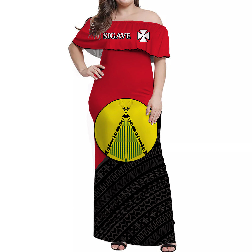 Sigave Chiefdom Wallis et Futuna Off Shoulder Long Dress Polynesian Pattern and Flag