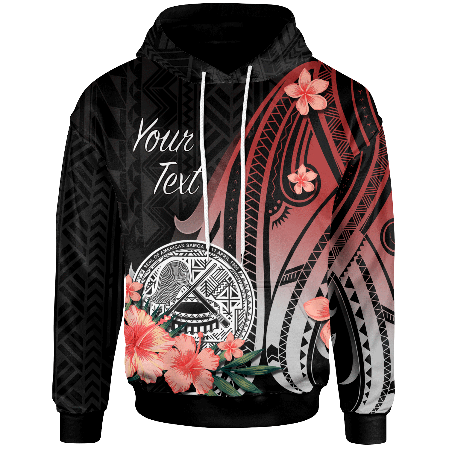 Custom Text American Samoa Personalised Custom Hoodie Red Polynesian Hibiscus Pattern Style