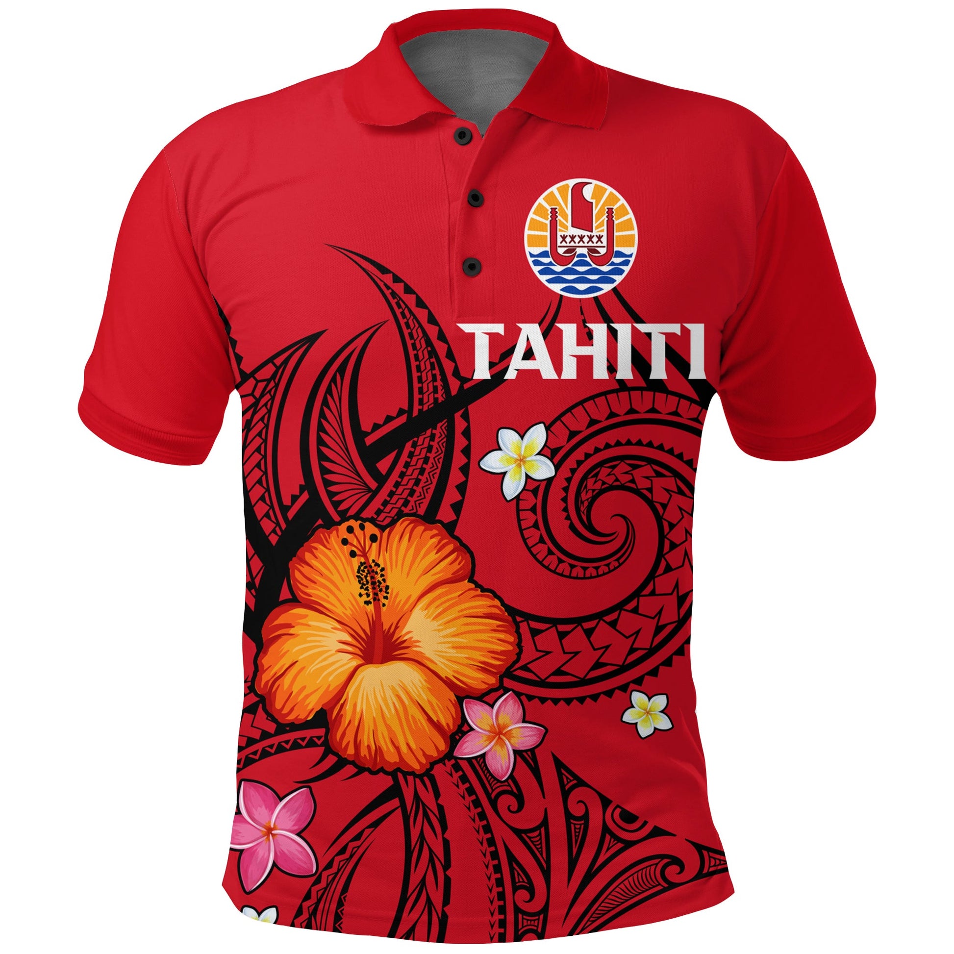 French Polynesia Polo Shirt - Hibiscus With Tribal -