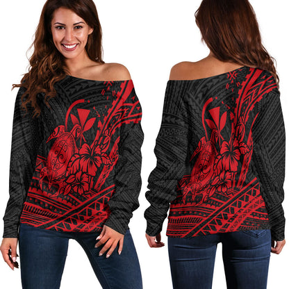 Hawaii Turtle With Hibiscus Tribal Red Women Off Shoulder Sweater