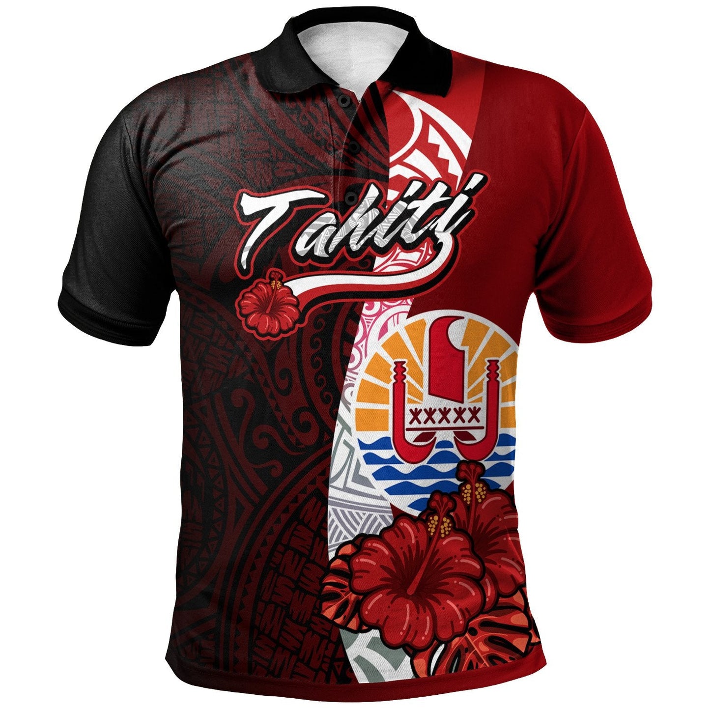 Tahiti Polynesian Polo Shirt - Coat Of Arm With Hibiscus