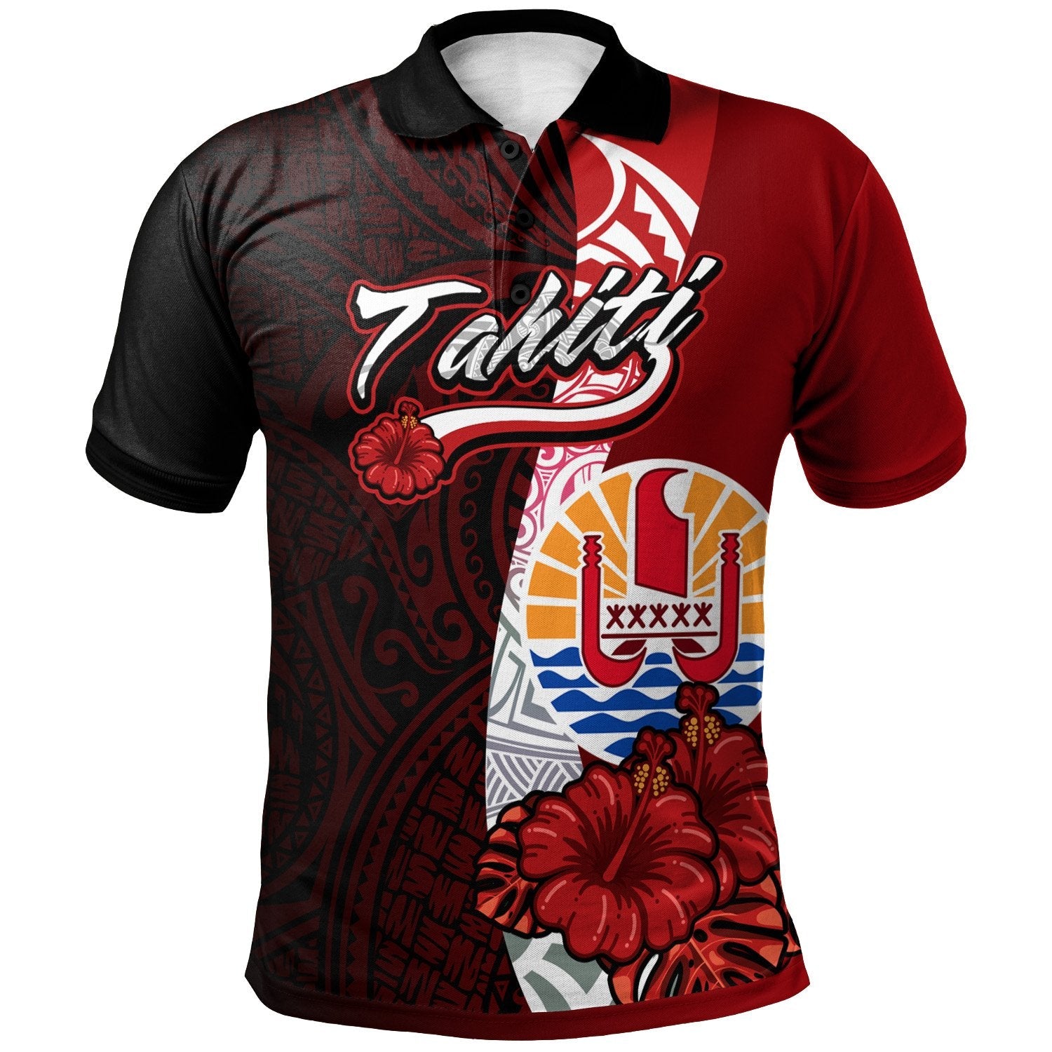 Tahiti Polynesian Polo Shirt - Coat Of Arm With Hibiscus