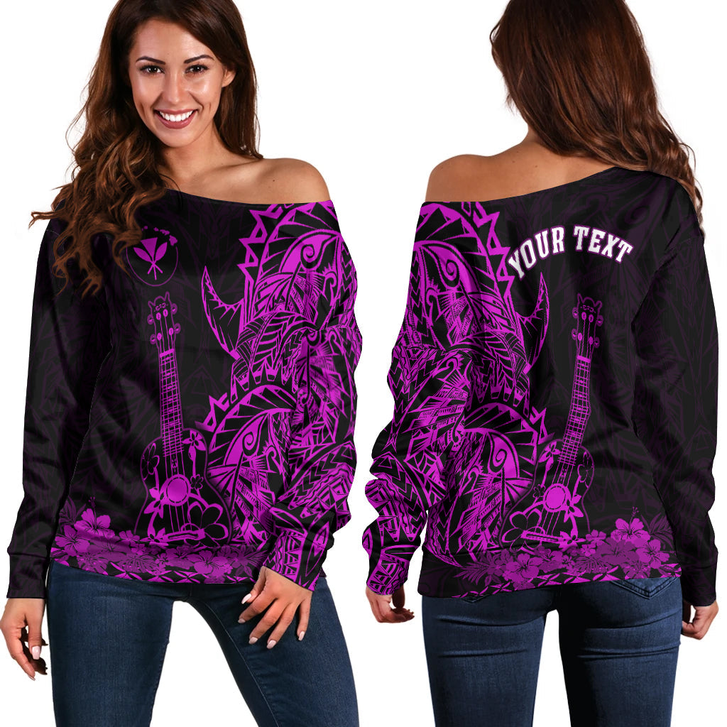 (Custom Personalised) Hawaii Polynesian Off Shoulder Sweater Ukulele Purple