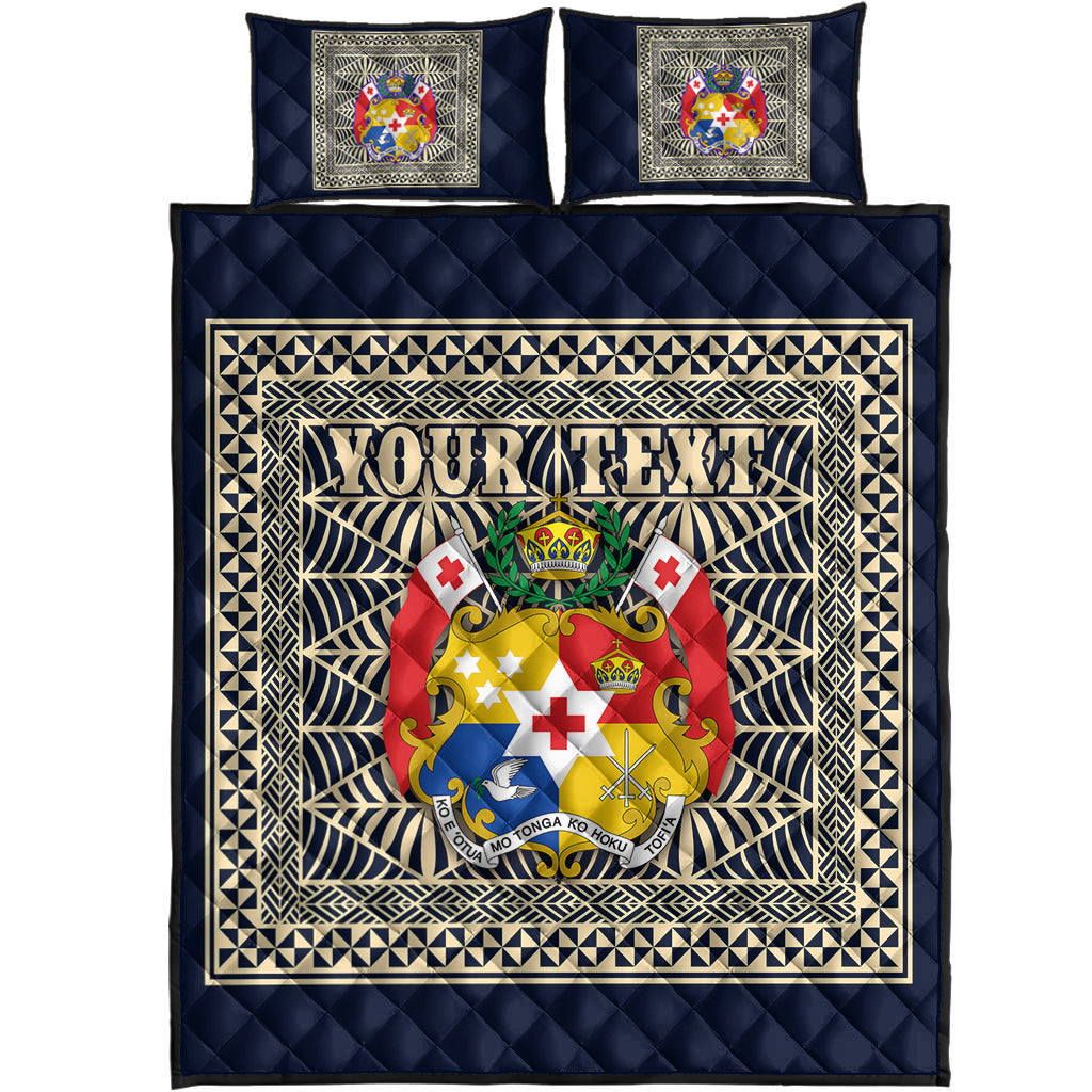 (Custom Personalised) Tonga Pattern Quilt Bed Set Coat of Arms Navy and Beige