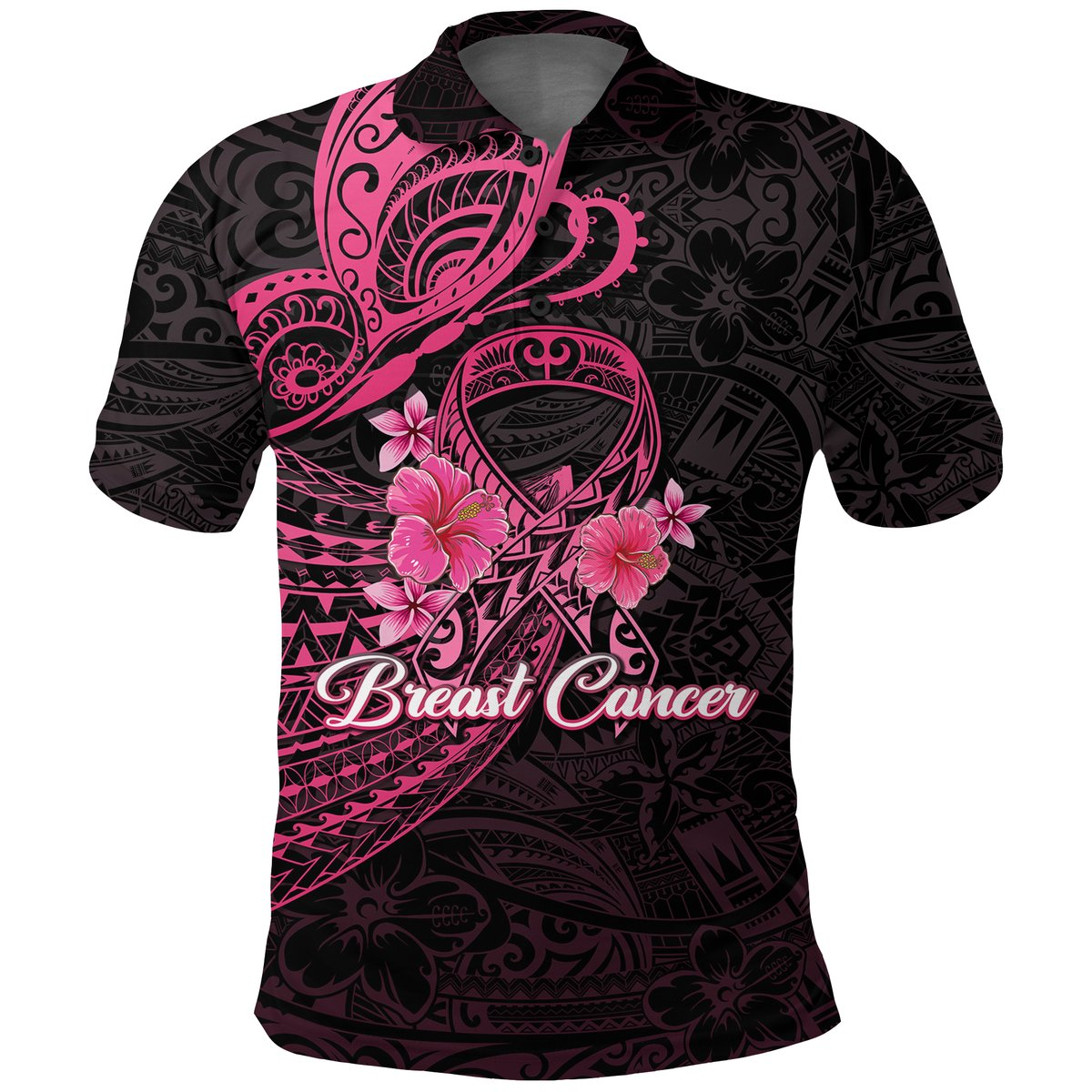 Breast Cancer Pink Ribbon Butterfly Polynesian Black Version Polo Shirt