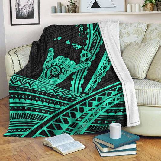 Hawaii Shaka Polynesian Tribal Turquoise Blanket