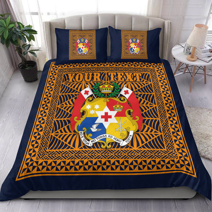 (Custom Personalised) Tonga Pattern Bedding Set Coat of Arms Navy and Orange