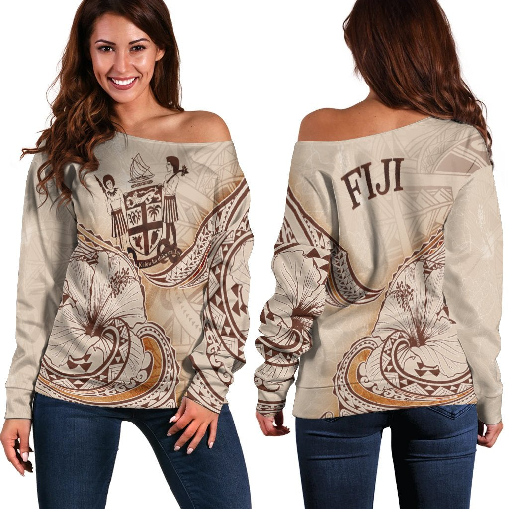 Fiji Women's Off Shoulder Sweater Hibiscus Flowers Vintage Style