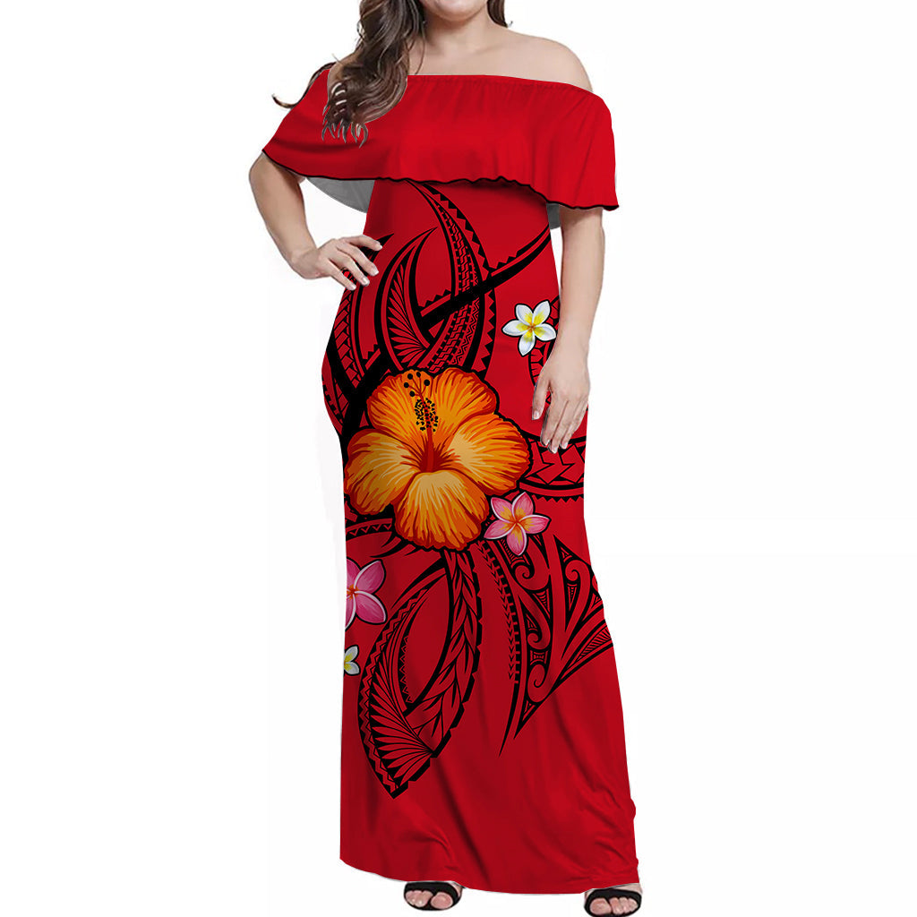 Polynesian Off Shoulder Dress Red Hibiscus