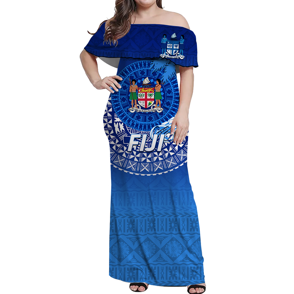 Fiji Tapa Tribal Coconut Tree Off Shoulder Long Dress