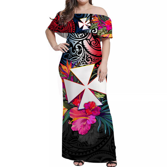 Wallis và Futuna Off Shoulder Long Dress Alluring Polynesia and Tropical Flowers Ver.01