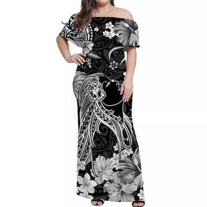 Hawaii Off Shoulder Long Dress Polynesia Black Beautiful Hula Girl