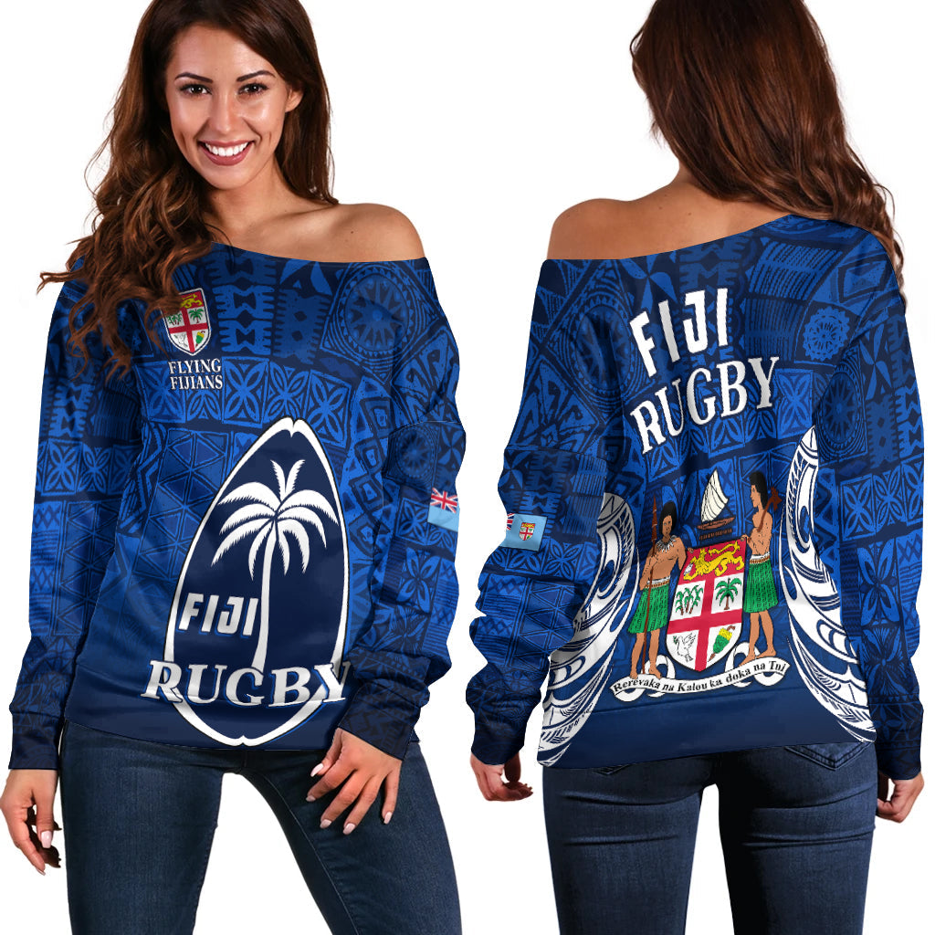 Fiji Rugby Off Shoulder Sweater Flying Fijians Blue Tapa Pattern