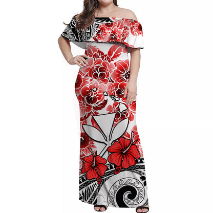 Hawaii Off Shoulder Long Dress Polynesian and Red Hibiscus