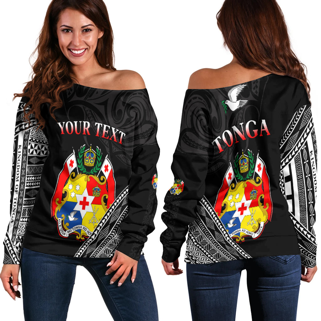 (Custom Personalised) Tonga Off Shoulder Sweater Tongan Pattern Blithesome Version Black