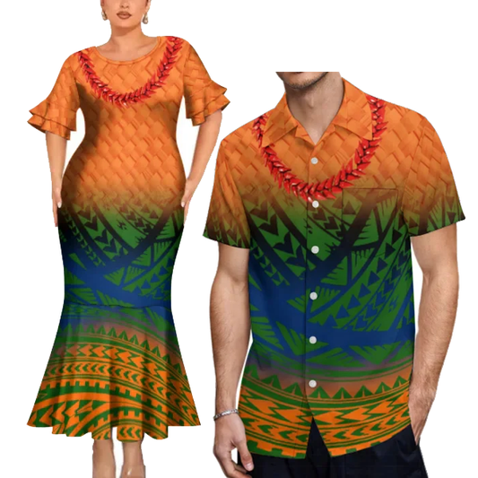 Flowers Necklace Tropical Pattern Polynesian Tribal Outfit For Couple Fishtail Skirt Dress And Hawaiian Shirt