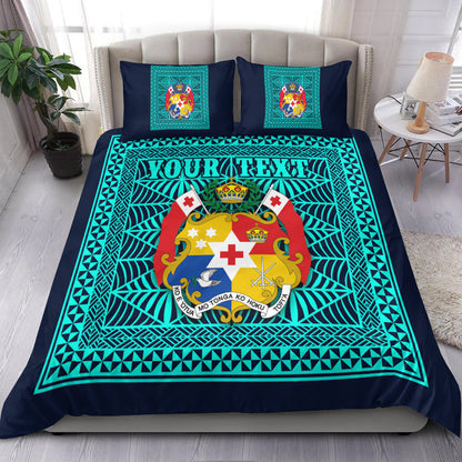 (Custom Personalised) Tonga Pattern Bedding Set Coat of Arms Navy and Turquoise