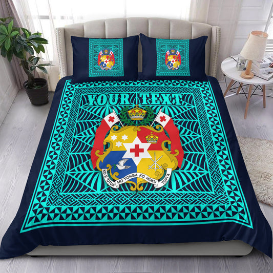 (Custom Personalised) Tonga Pattern Bedding Set Coat of Arms Navy and Turquoise
