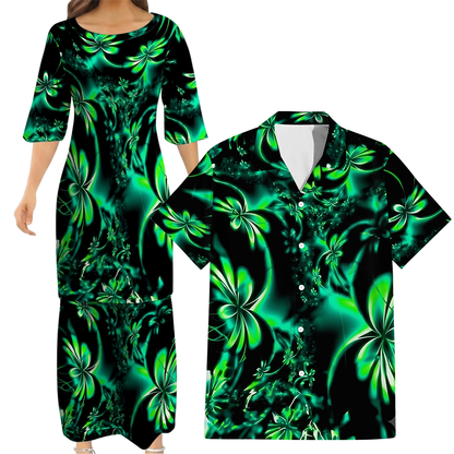 Green Leaf Matching Outfit For Couple Island Puletasi Dress And Hawaiian Shirt For Her Him