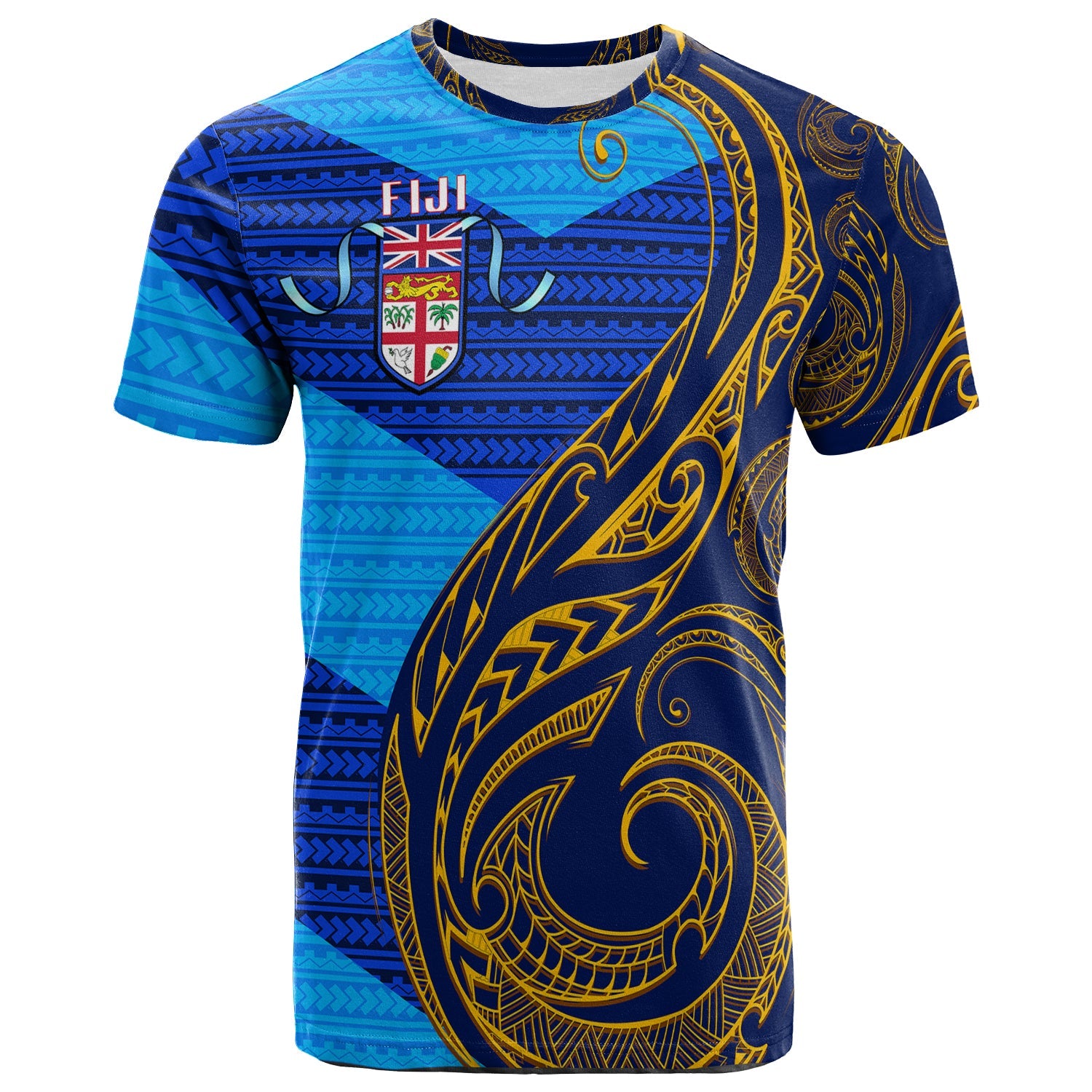 Fiji T Shirt Flag's Color With Gold Polynesian Pattern