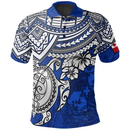 Tonga Polo Shirt - Tonga Coat Of Arms Blue Turtle Hibiscus