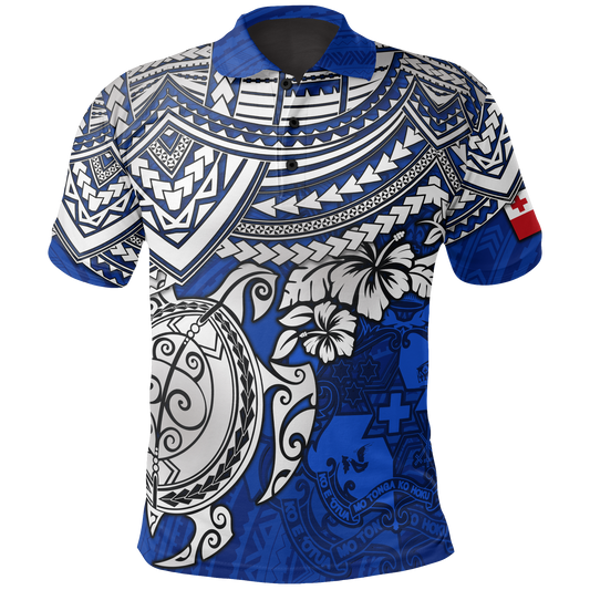 Tonga Polo Shirt - Tonga Coat Of Arms Blue Turtle Hibiscus