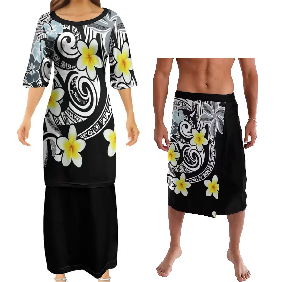 Polynesian Tribal Pattern Couple Outfit Matching Island Dress And Lavalava