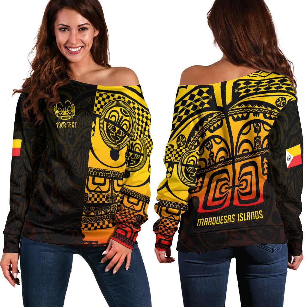 (Custom Personalised) Marquesas Islands Tiki Off Shoulder Sweater Gradient Marquesan Tattoo