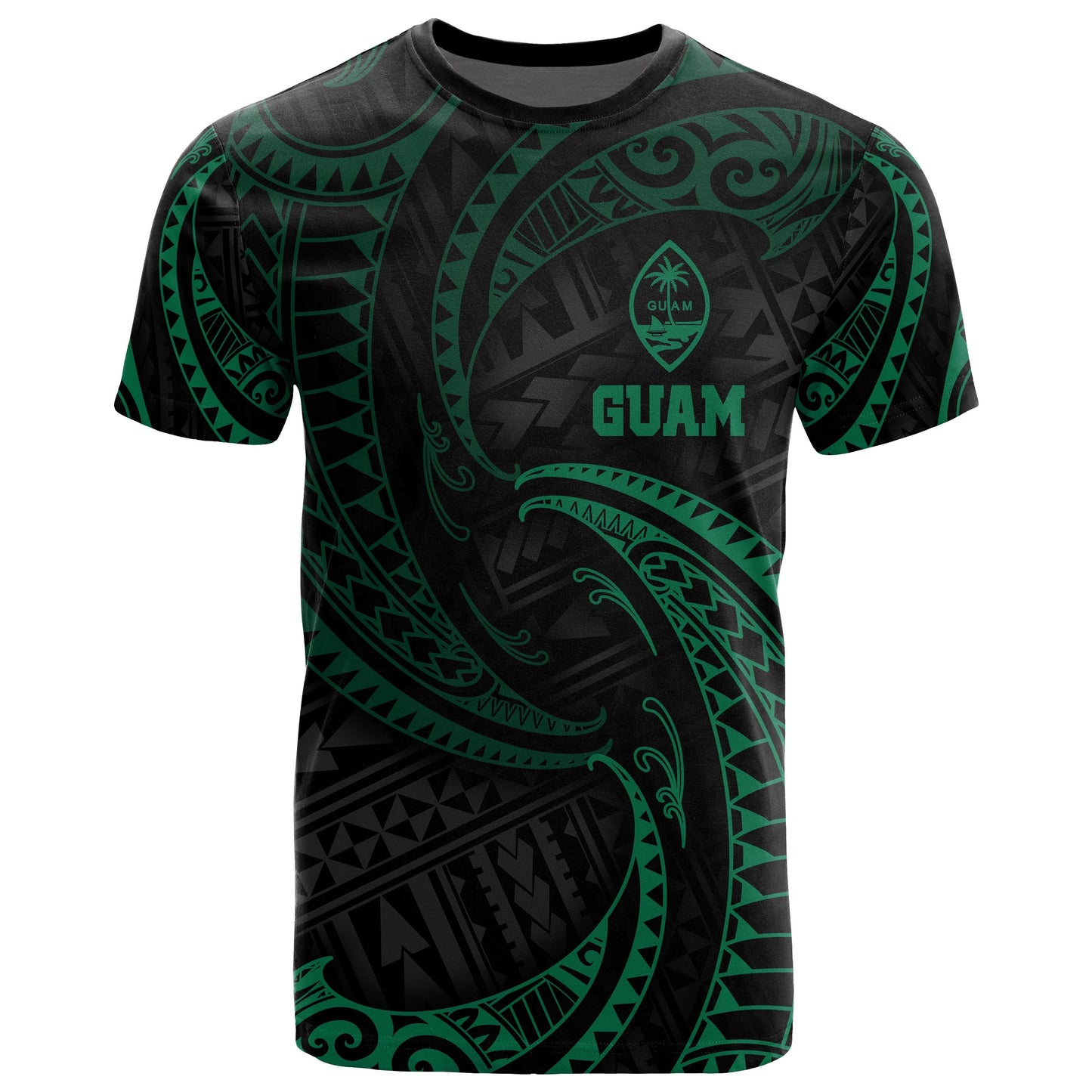 Guam Polynesian All Over T - Shirt - Green Tribal Wave