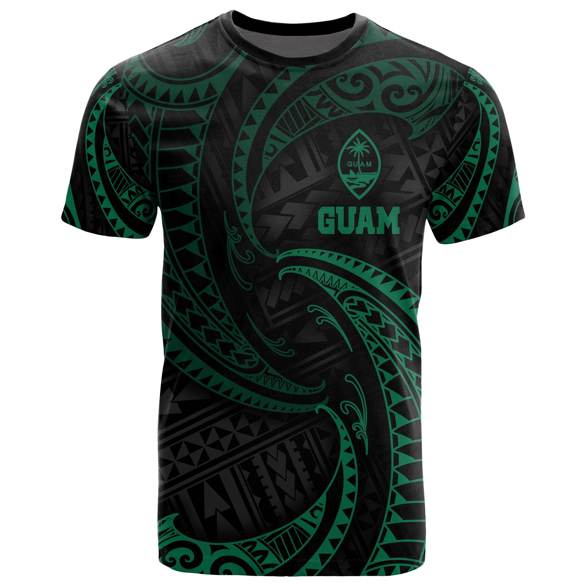 Guam Polynesian All Over T - Shirt - Green Tribal Wave